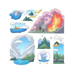 Colorful cartoon illustration set of natural disasters including wildfire, storm clouds, lightning strikes, ocean waves, floods, and extreme weather phenomena. Hand-drawn playful style, ideal