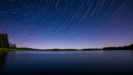 Obraz premium Dynamic Star Trails Over Serene Water and Forest Landscape