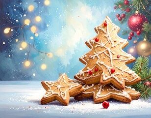 Festive gingerbread cookies shaped like Christmas trees, adorned with icing and berries, sit atop a sugared surface against a backdrop of twinkling lights and wintery ambiance.