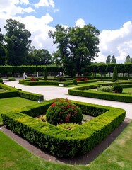 A meticulously landscaped garden boasts symmetrical hedges, vibrant flowers, and a spacious layout under a bright sunny sky.