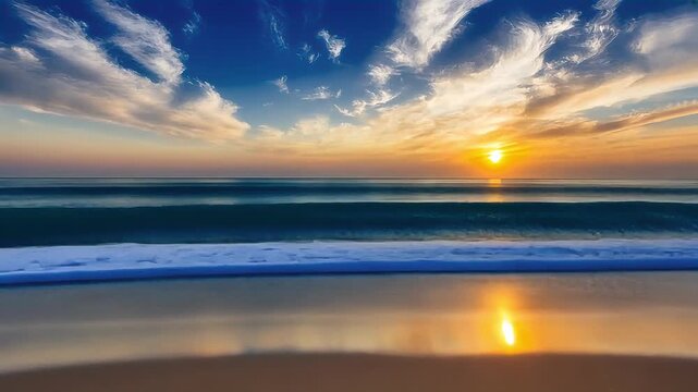 Sunrise illuminates serene sandy beach with warm glowing morning light
