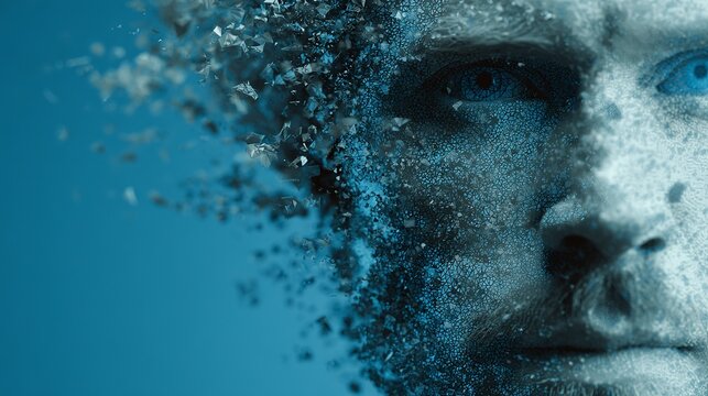 Dynamic abstract fragmentation of a man's face dissolving into digital particles, representing identity loss, transformation, or data breakdown