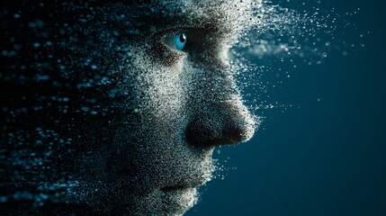 Stunning digital portrait captures human essence dissolving into abstract particles, symbolizing transformation and future tech concepts.