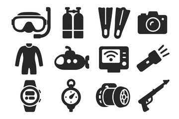 Underwater Exploration Icons. Solid style icons of underwater exploration: diving mask, oxygen tank, flippers, underwater camera,
