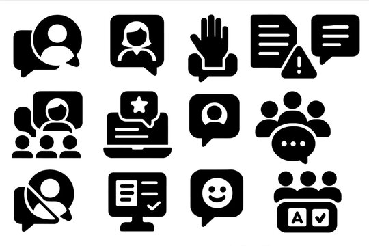 Classroom Chat Icons. Solid style icons of classroom chat tools: student chat, teacher reply, raise hand icon, homework question,