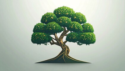 A stylized bonsai tree, intricately detailed, with a geometric design, stands out against a muted gray backdrop.