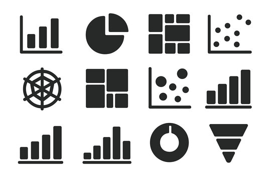 Data Visualization Icons. Solid style icons of data visualization types: bar graph, pie chart, heatmap icon, scatter plot, radar