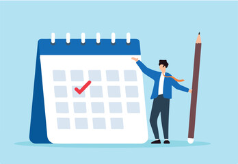 Flat illustration of businessman hold pencil marks important date on calendar reminding for meeting or launch deadline