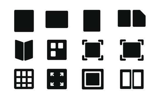Print Layout Icons. Solid style icons of print layout types: portrait mode icon, landscape mode, single-page icon, multi-page