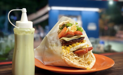 Typical Brazilian Sandwich with Burger, Egg, Sausage, and More – Known as "X-Salada" Sold at Street "Pit Dog" Snack Stands