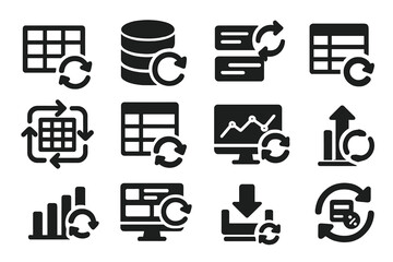 Data Refresh Icons. Solid style icons of data refresh: spreadsheet refresh, database reload, data sync icon, update sheet icon,