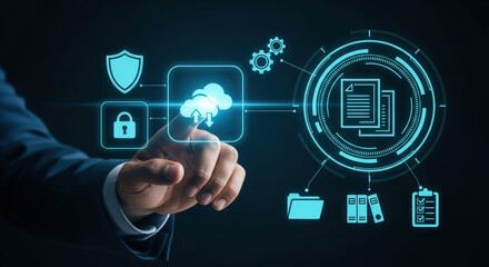 Businessman interacting with holographic cloud storage and document security icons. Concept of data protection, cloud computing and digital file management
