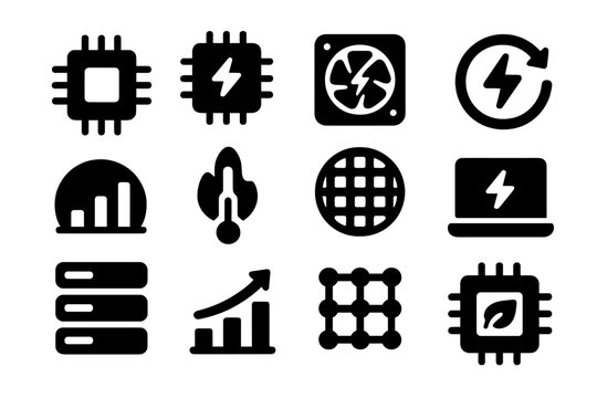 Computing Power Icons. Solid style icons of computing power: processor chip icon, CPU bolt, GPU power icon, overclock symbol,