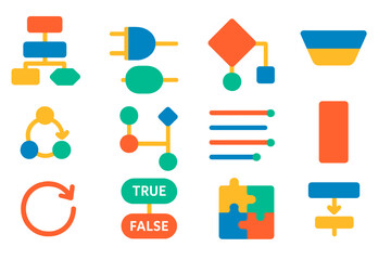 Minimalist Programming Icons. Flat vector icons of Programming Logic: flowchart icon, logic gates, decision diamond, input/output