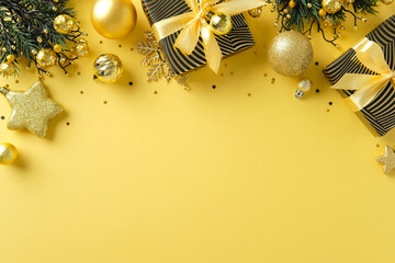 Festive Christmas flat lay with striped gold gifts, pine branches, glitter star, and seasonal ornaments on yellow background. Elegant holiday scene for celebration design.