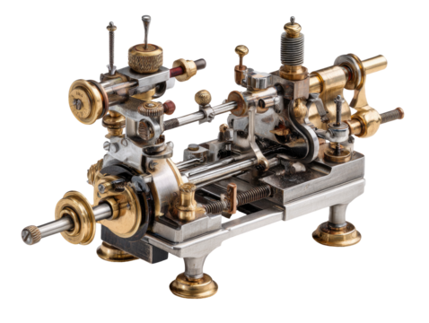 Detailed mechanical device, intricate gears and components, brass and steel, precise engineering
