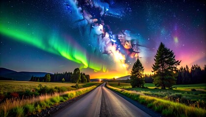 Night road, aurora, sunrise