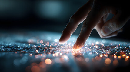 A hand hovers over a surface displaying glowing binay code and particles, illutrating the interaction beween humans and digital tehnology in a modern, futurstic setting.