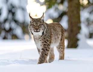 Focused Lynx Strides Through Snowy Landscape, Majestic Wildcat Beauty