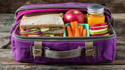 Purple school lunch box packed with a sandwich, apple, carrots, apple juice, and fresh slices