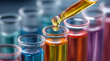 Precision laboratory experiment with golden liquid dripping from pipette into colorful test tubes, highlighting scientific discovery and innovation.