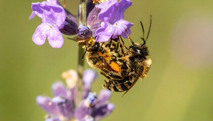 Two busy bees are closely engaged with a vibrant lavender flower, showcasing intricate details and a delicate natural beauty.