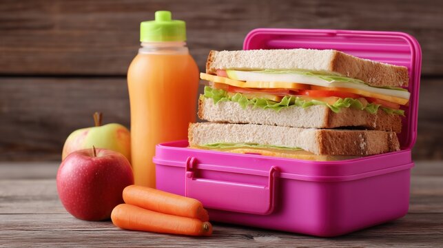 Pink lunch box filled with turkey and cheese sandwiches, accompanied by fresh apples, carrots, a juice bottle, and an apple