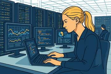 A self‑assured female data scientist operates a personal computer with a green‑screen template inside a large control and monitoring room, while an ambitious programming engineer uses chroma key