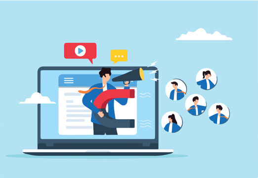 Flat illustration of marketing businessman attracts customers to website through lead generation campaigns