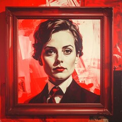 Portrait of a woman in a suit, bold red background