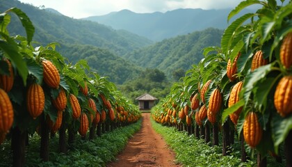Rows cocoa trees with ripe pods in plantation. Small hut, mountains in background. Agriculture, farming, chocolate production, harvest, tropics, developing countries. Agricultural business, organic