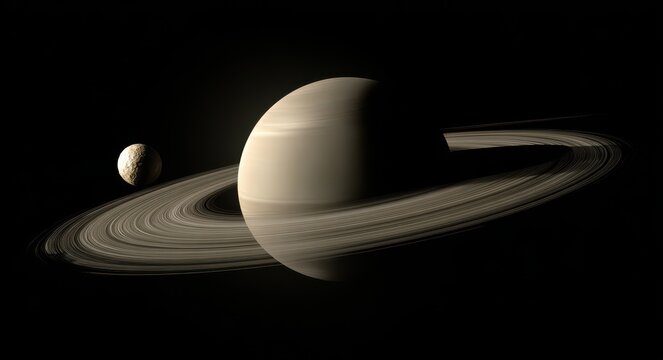 planet saturn and its rings, with the moon titan in the foreground