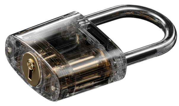 Transparent padlock with visible mechanism.  Clear casing reveals intricate internal components.  Gold-toned keyhole.  Modern design