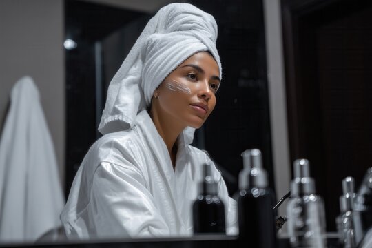 Woman in a white spa robe and towel turban, focused on skincare or beauty treatment, with bottles of skincare products on the counter - Powered by Adobe