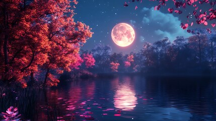 Moonlit forest lake surrounded by magical colors high resolution picture