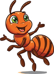 Cartoon ant character, cheerful insect, green eyes, wide smile, raised arms, segmented body, orange stripes, playful pose, vector illustration, children’s content, fun bug