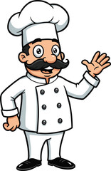 Cartoon chef character, smiling cook illustration, waving chef, restaurant mascot, culinary icon, kitchen staff, food service, vector art, commercial use