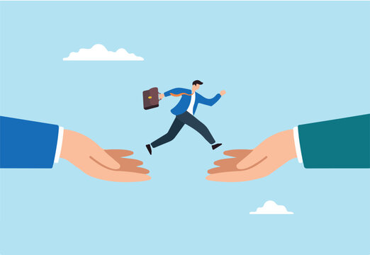 Flat illustration of businessman leaping between two giant hands to represent opportunity career transition and decision making with support