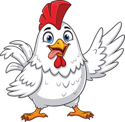 Cartoon chicken character, playful expression, white feathers, vector illustration, cheerful animal, open wings, tongue out, stock image, isolated design, editable artwork