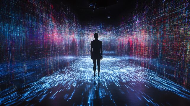 A holographic projection of a human figure, surrounded by glowing data streams in a dark room .