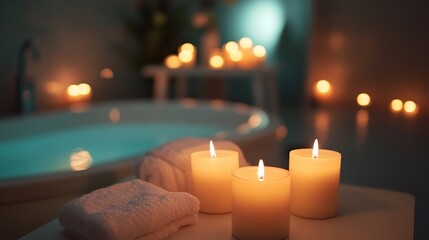 Spa ambiance with lit candles and soft towels in relaxing bath setting