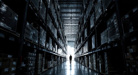 Fototapeta premium black warehouse, high ceilings, rows of tall metal shelves