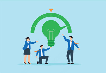 Flat illustration of employees rotating green lightbulb dial to set company direction towards renewable future