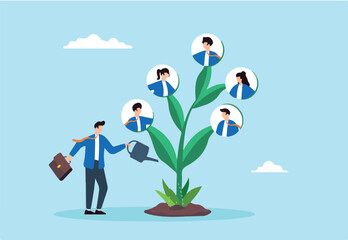 Flat illustration of businessman waters growing tree with employees illustrating HR role in career growth and development