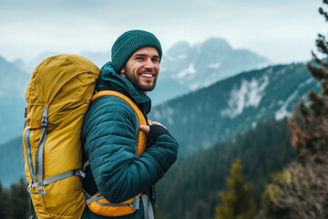 Naklejka premium Happy male hiker smiling at camera wearing a beanie and warm jacket with large yellow backpack in beautiful mountain forest landscape.