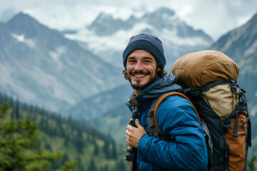 Happy smiling male hiker with backpack and beanie holding trekking pole in majestic green mountain forest landscape.