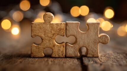 Two wooden puzzle pieces connected on a textured surface, with blurry lights behind