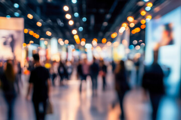 Abstract blurred background of many people walking inside a large busy exhibition hall. Vibrant colorful bokeh lights create a dynamic modern atmosphere.