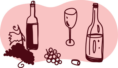 Wine. Winemaking Serving A glass and wine. People drink wine. Pleasure from life. Line art	
