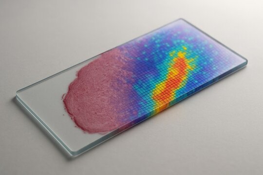 Single-cell spatial transcriptomics tissue slide showing gene expression data.